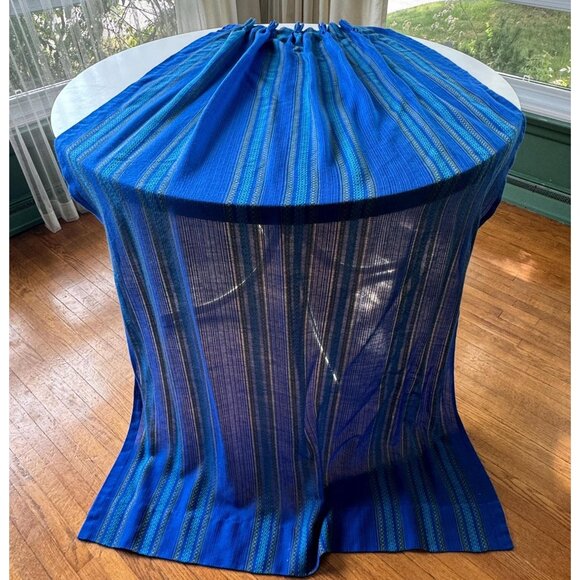 Vintage 70s curtain, blue and green stripes, pleated, price per panel - Picture 1 of 10